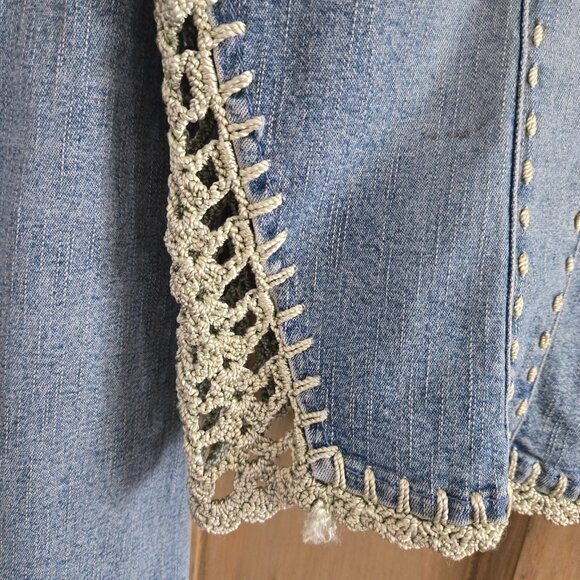 Y2K Denim Jean Jacket Crochet Trim Applique Size 11 Boho Fairy Grunge Stretch - Picture 4 of 13